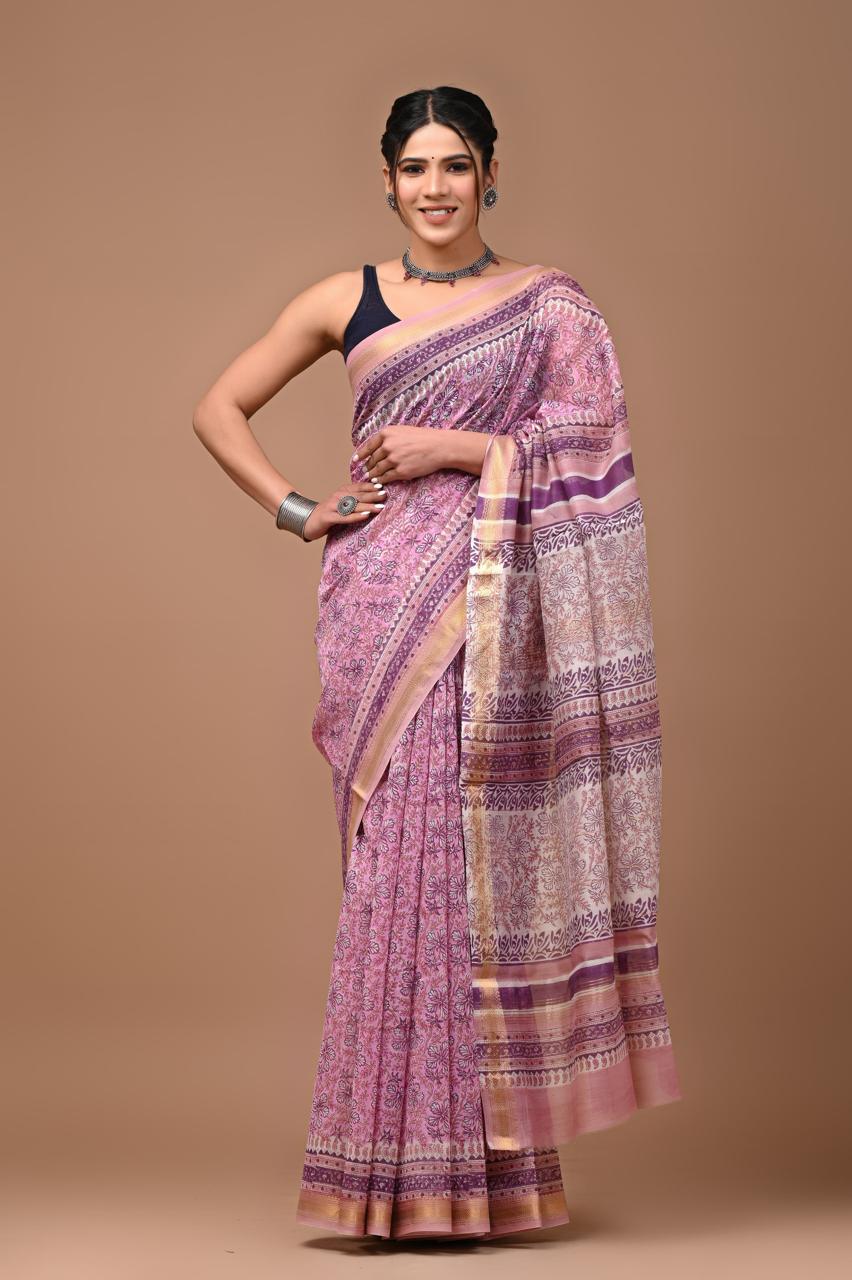Maneshwari Silk Saree | Hand Block Printed | Purple
