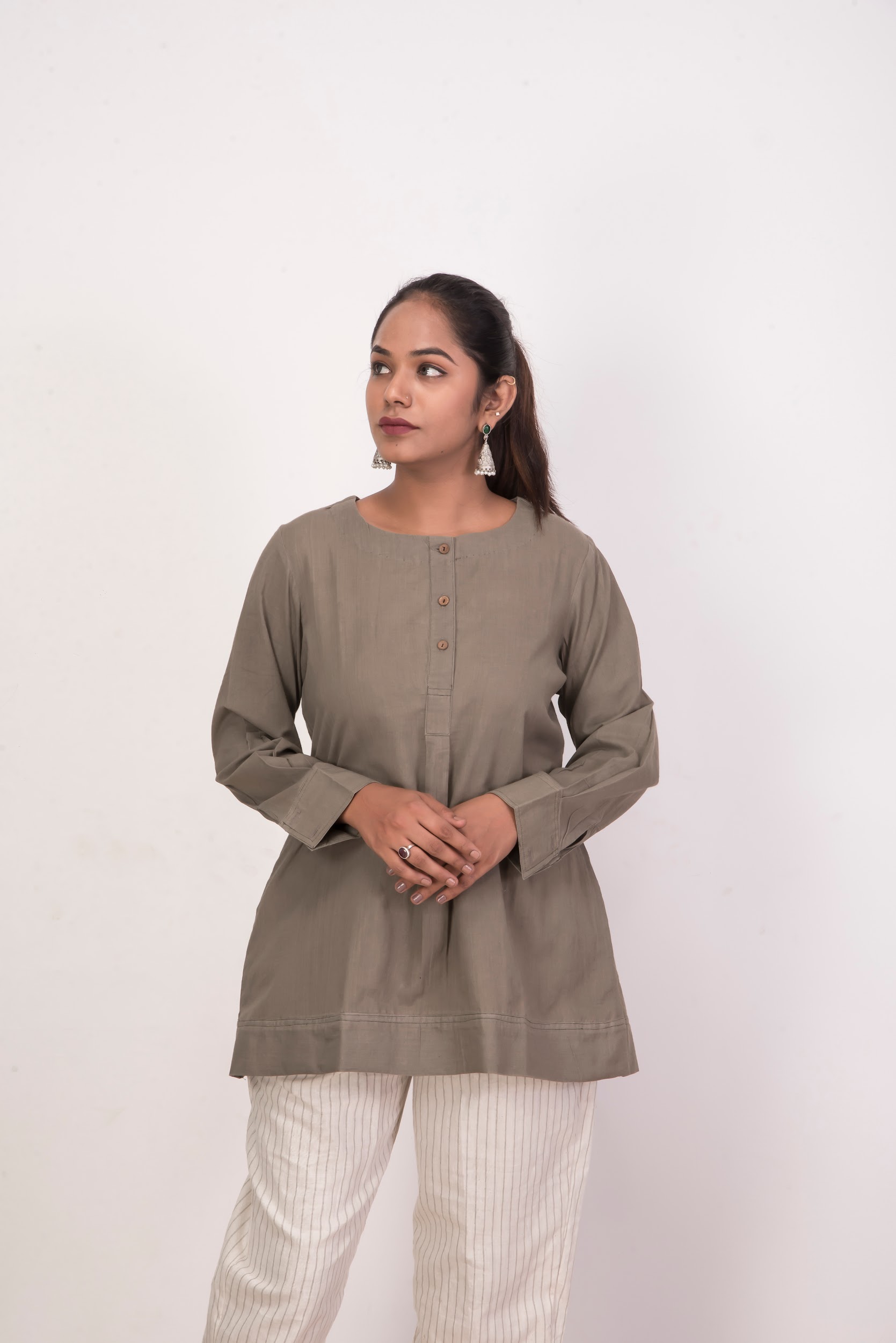 Naturally dyed Cutch Brown handwoven cotton tunic kurta with round neck and 3/4 sleeves.