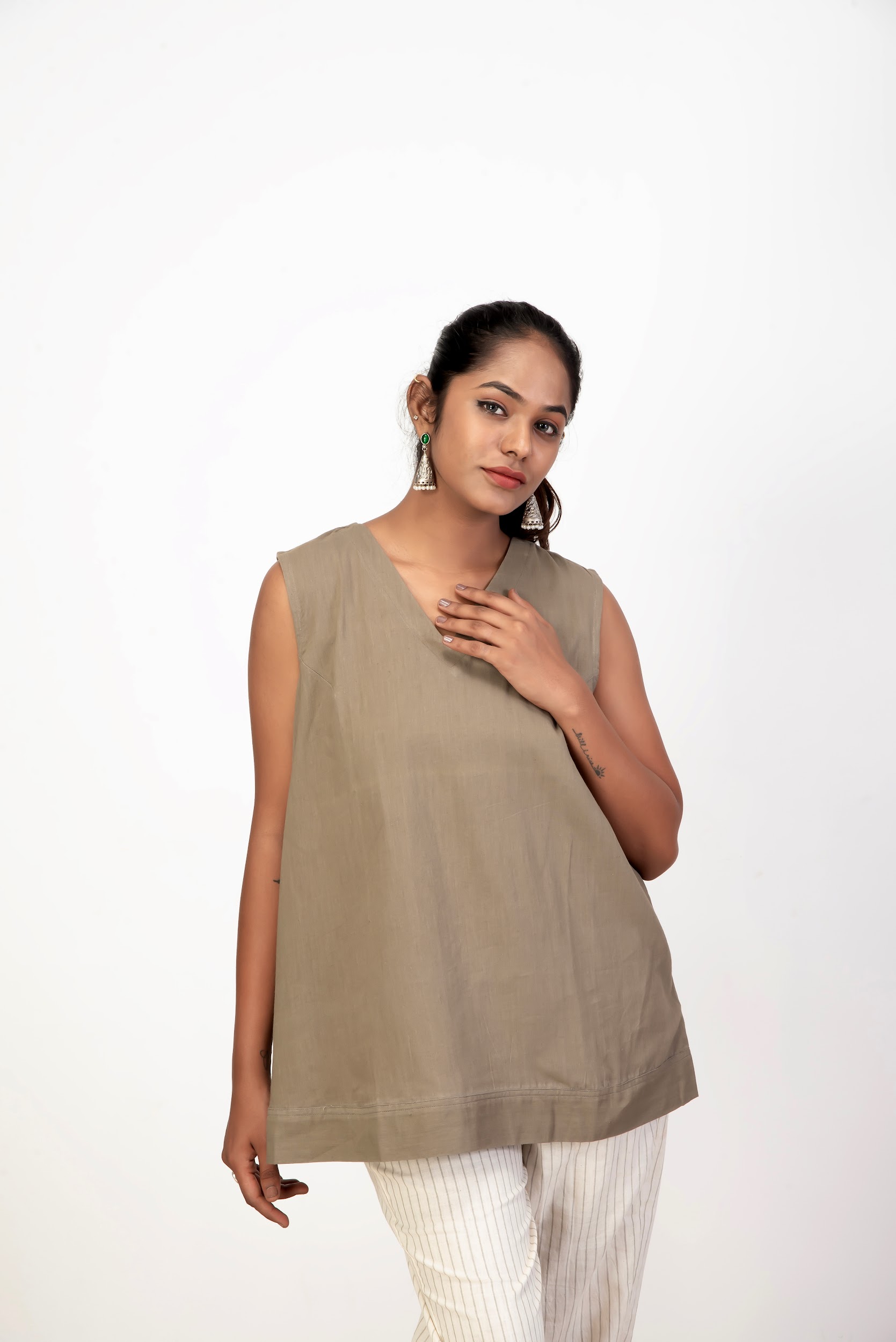 Handwoven Kala Cotton V-neck sleeveless top in naturally dyed Cutch Brown shade.