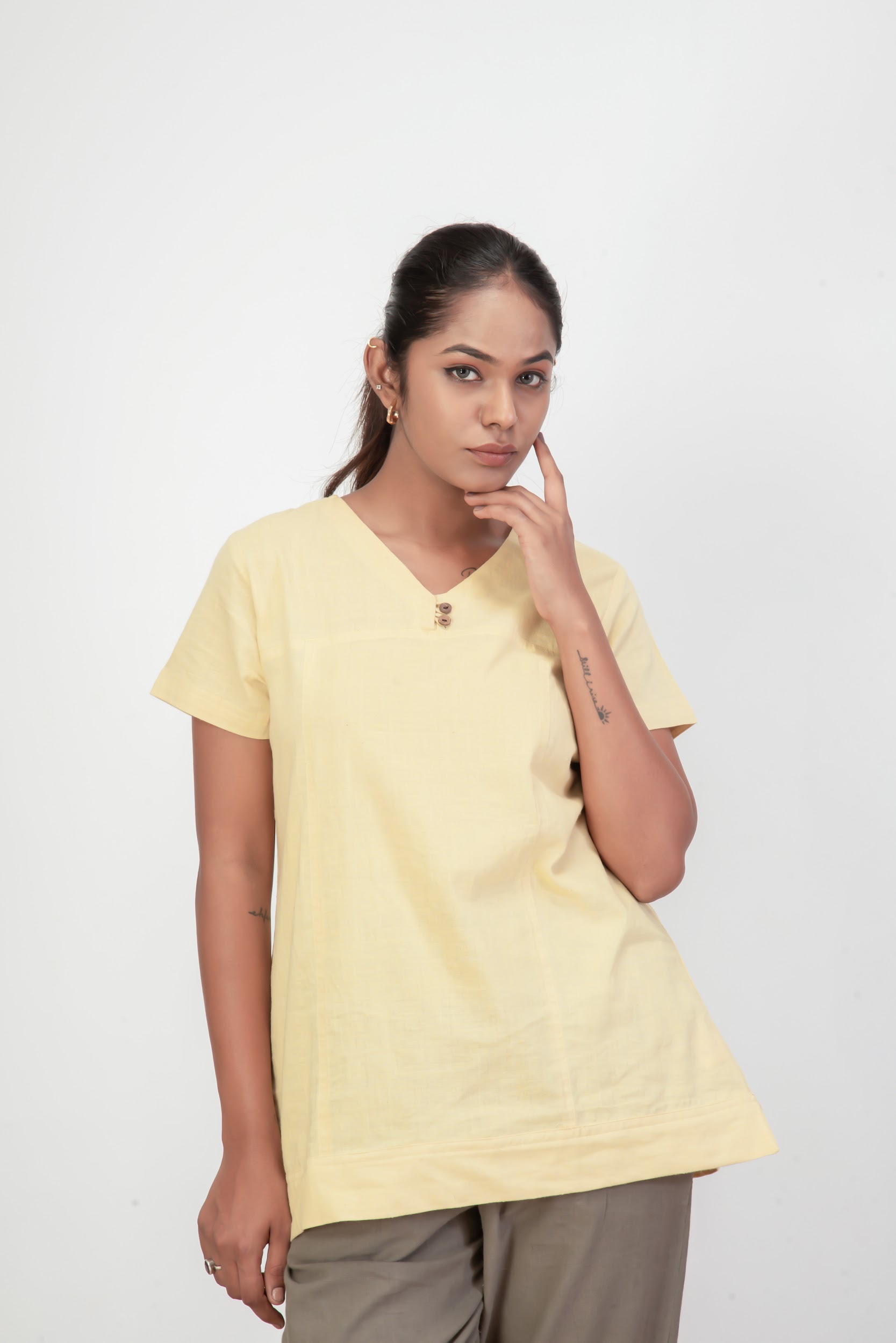 Handwoven Banana Yellow Kala Cotton Bandi Top with Relaxed Fit