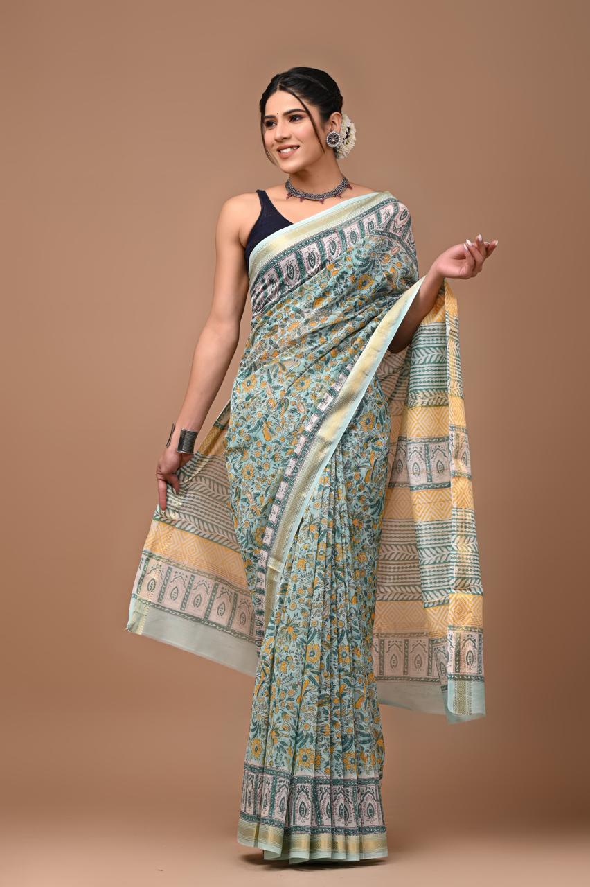 Maneshwari Silk Saree | Hand Block Printed | Light Mint