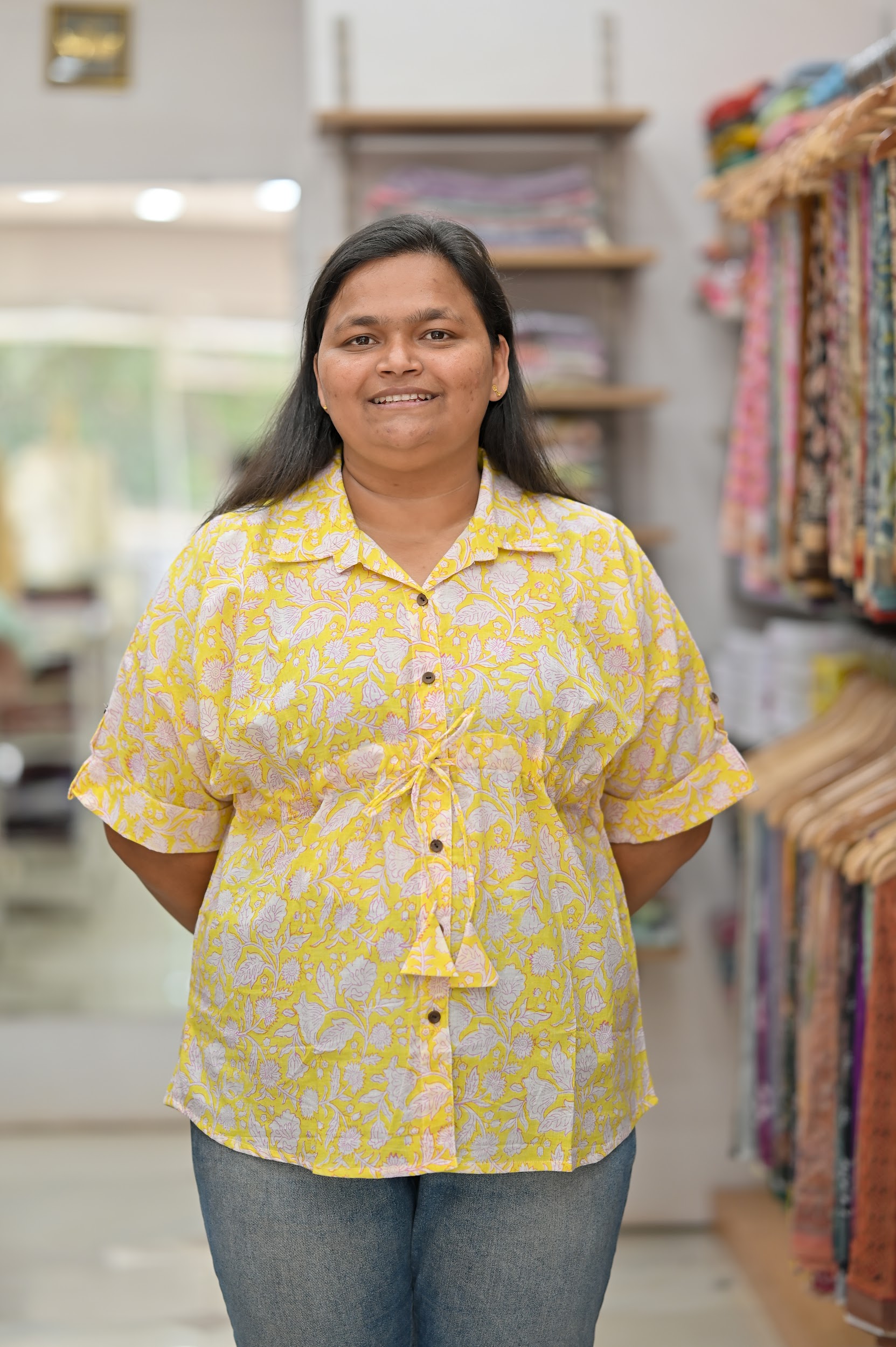 Hand Block Printed Free Size Shirt – Bright Yellow | Pure Cotton Summer Shirt | Nishani