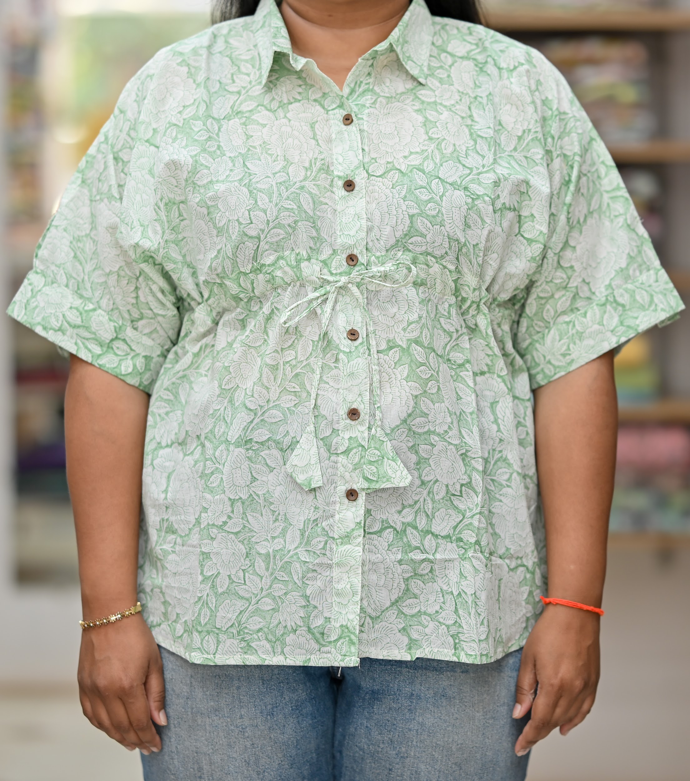 Hand Block Printed Free Size Shirt – Pastel Green | Pure Cotton Summer Shirt | Nishani