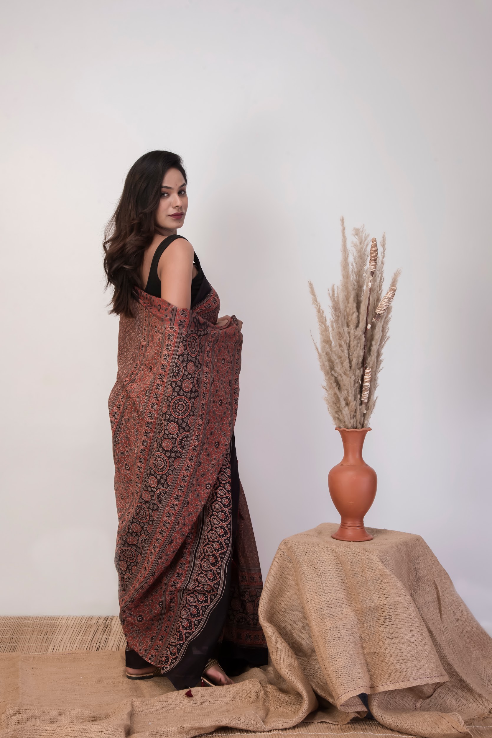 Ethereal Earth, Ajrakh Hand Block Printed Malmal Saree