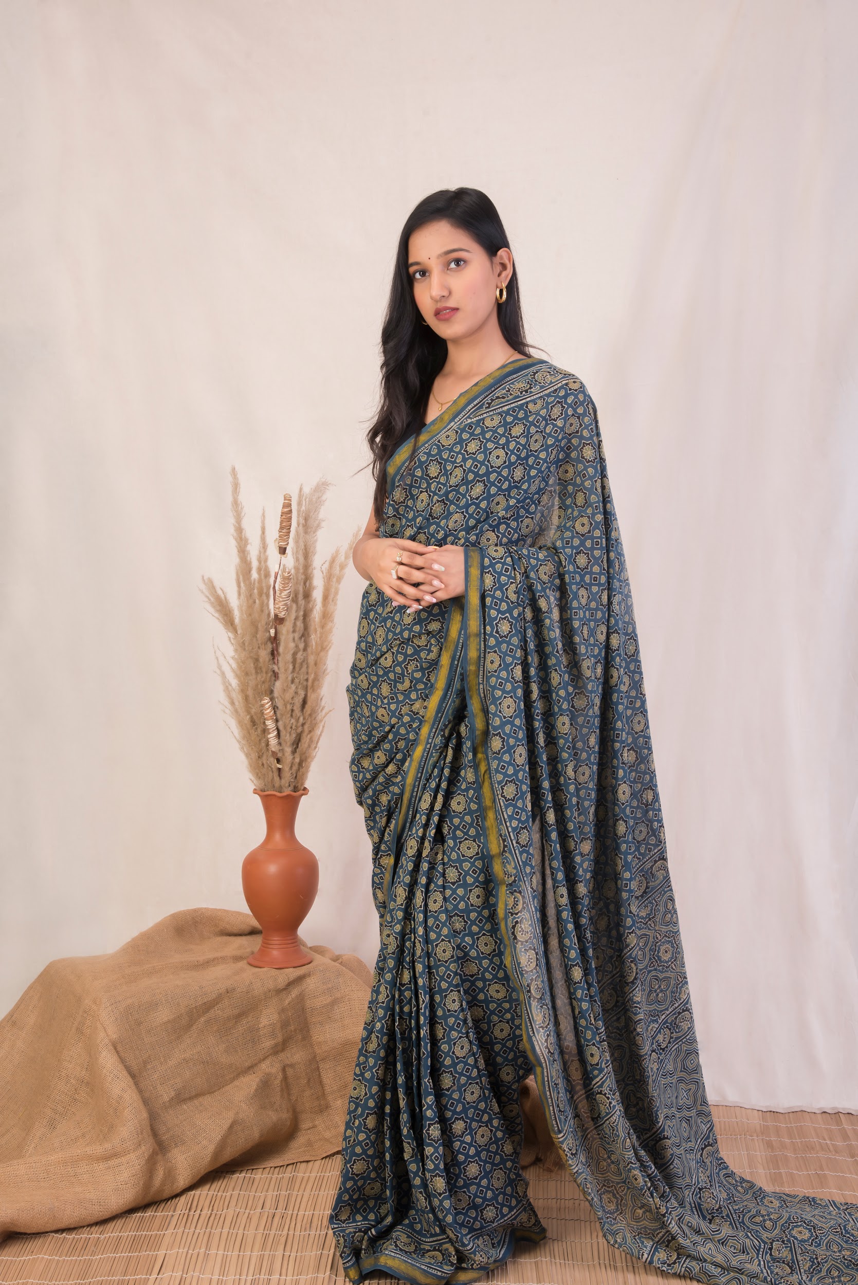Natural Indigo Splendor, Ajrakh Hand Block Printed Malmal Saree