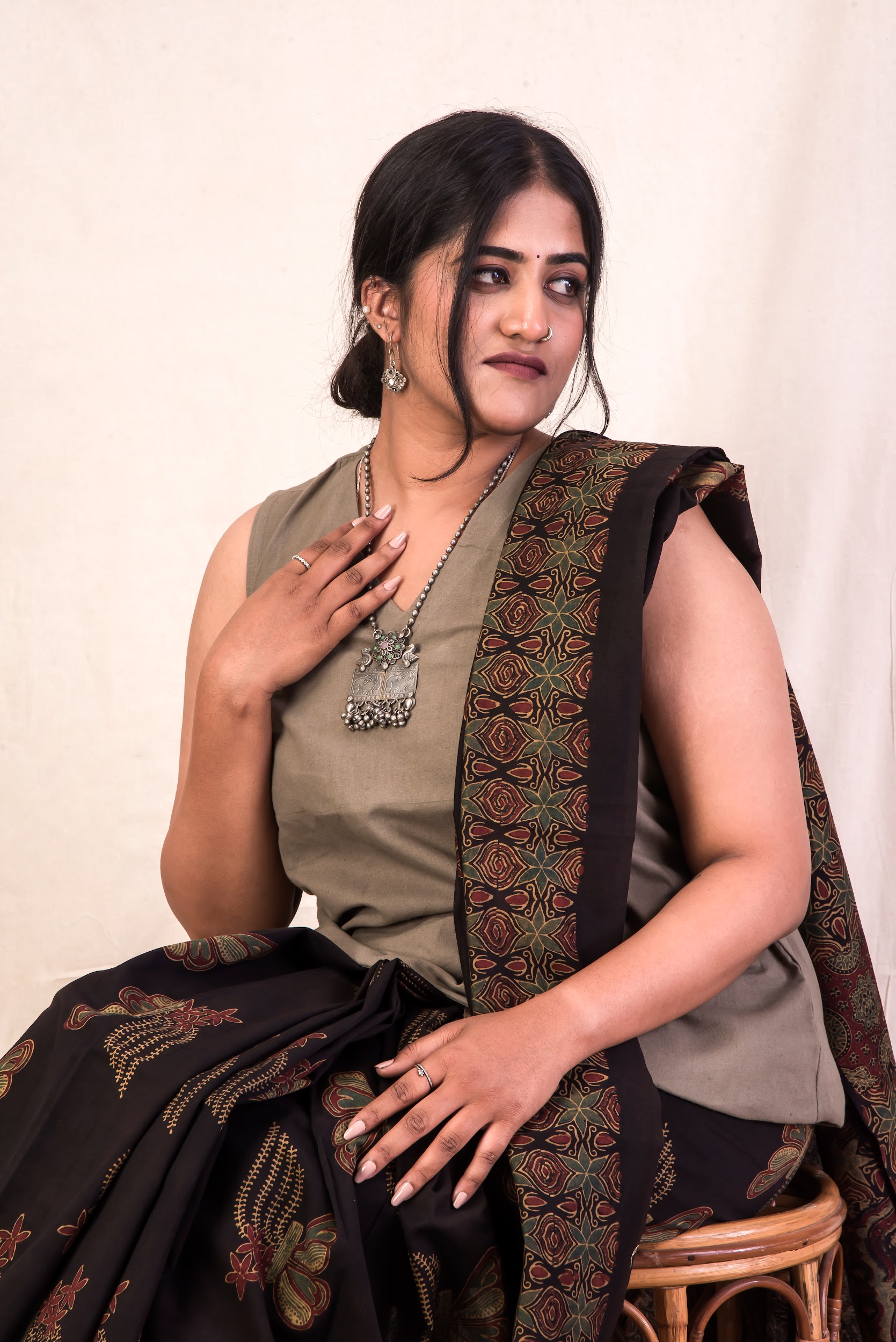Charcoal Butterfly Charm, Ajrakh Hand Block Printed Cotton Saree