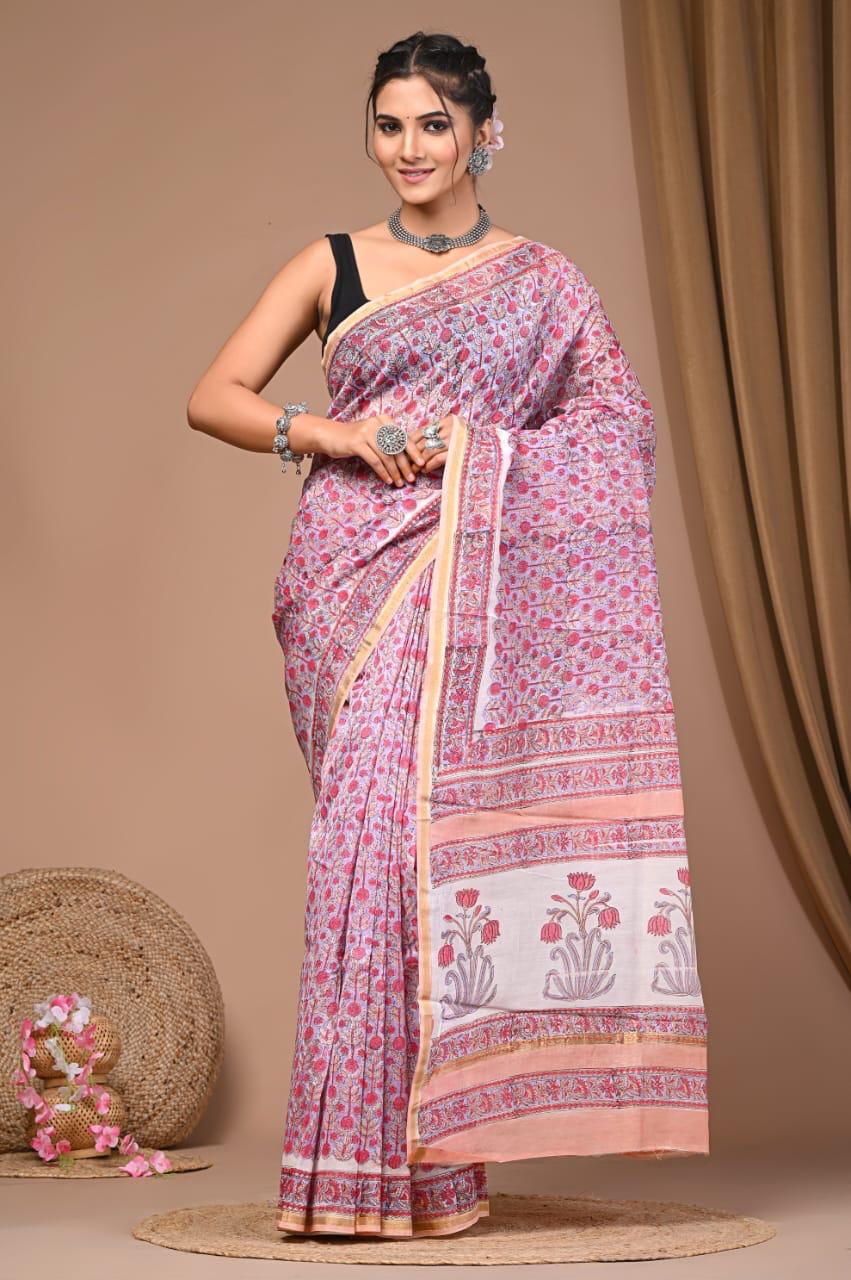 Maneshwari Silk Saree | Hand Block Printed | Purple, Floral Print