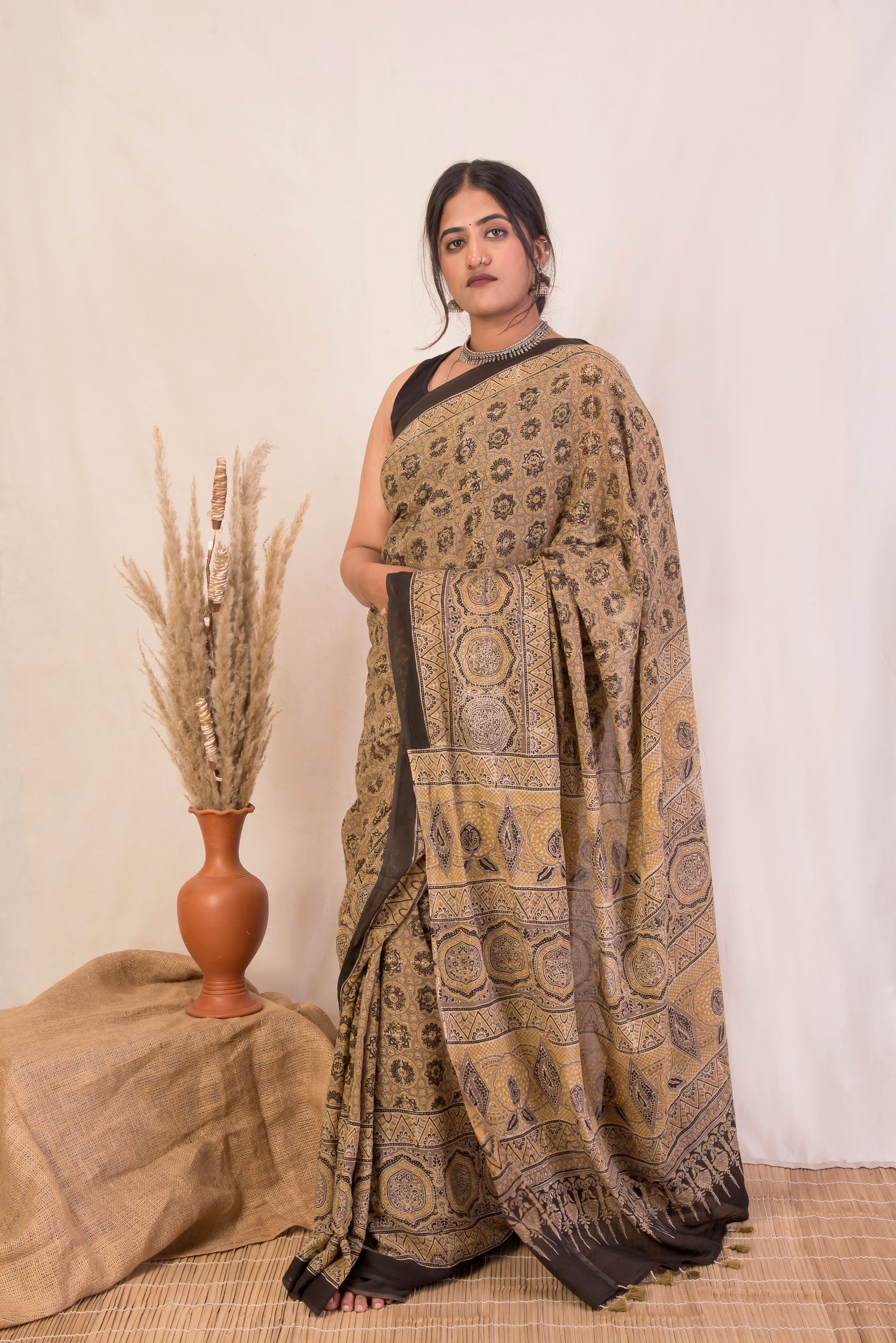 Vintage Vogue Ajrakh Hand Block Printed Mal Cotton Saree