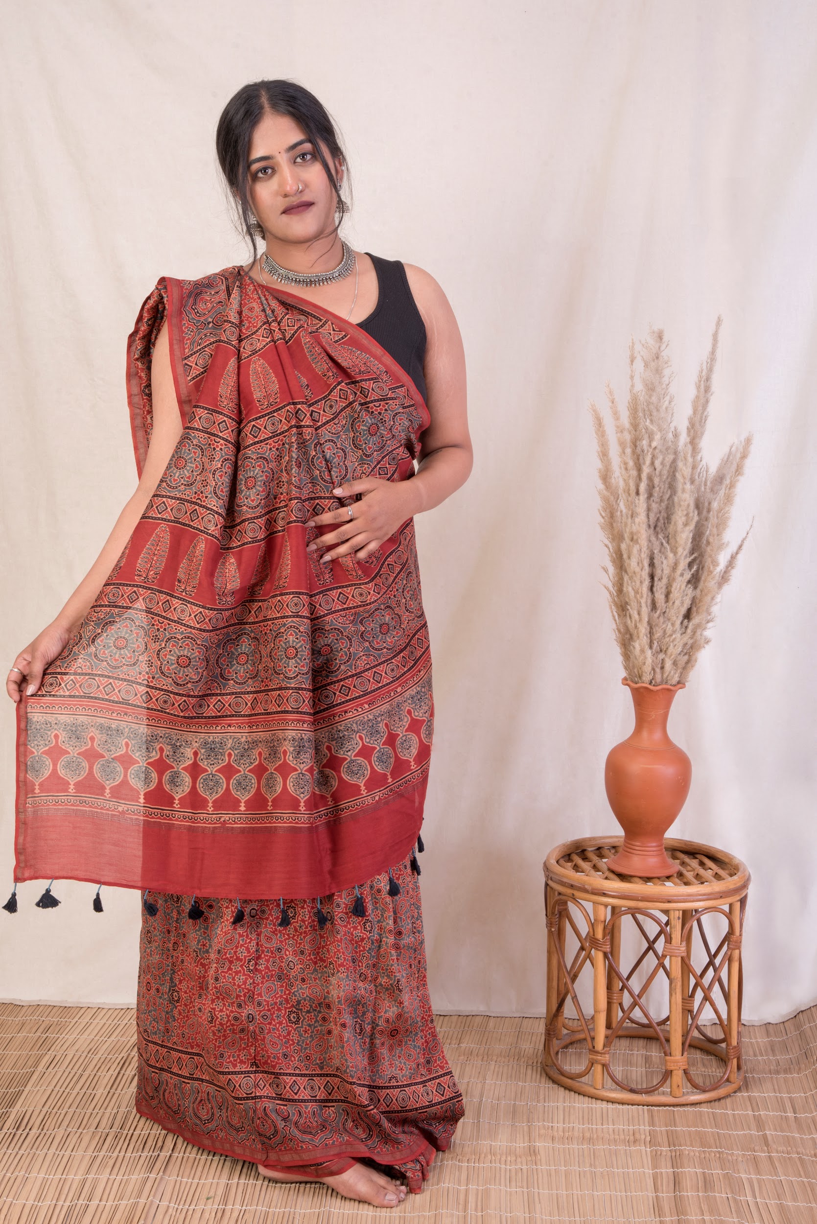 Vibrant Roots, Ajrakh Hand Block Printed Chanderi Silk Saree