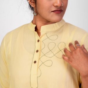 Elegant Banana Yellow Mandarin Collar Handwoven Cotton Dress with Hand Embroidery