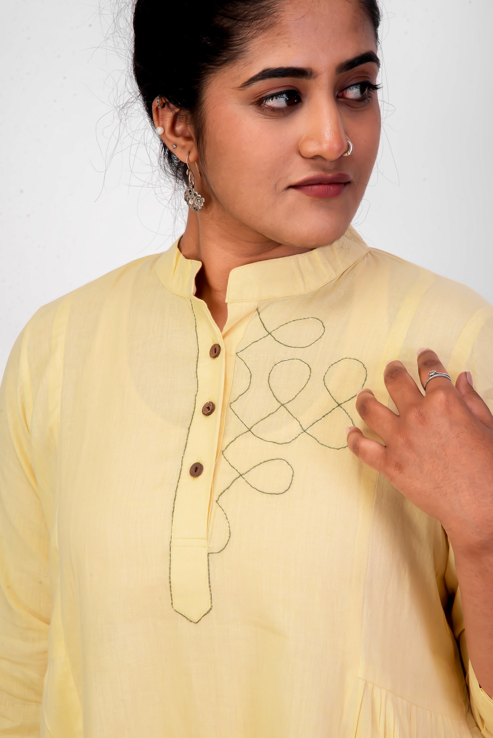 Handwoven Banana Yellow Dress with Intricate Kolam Embroidery