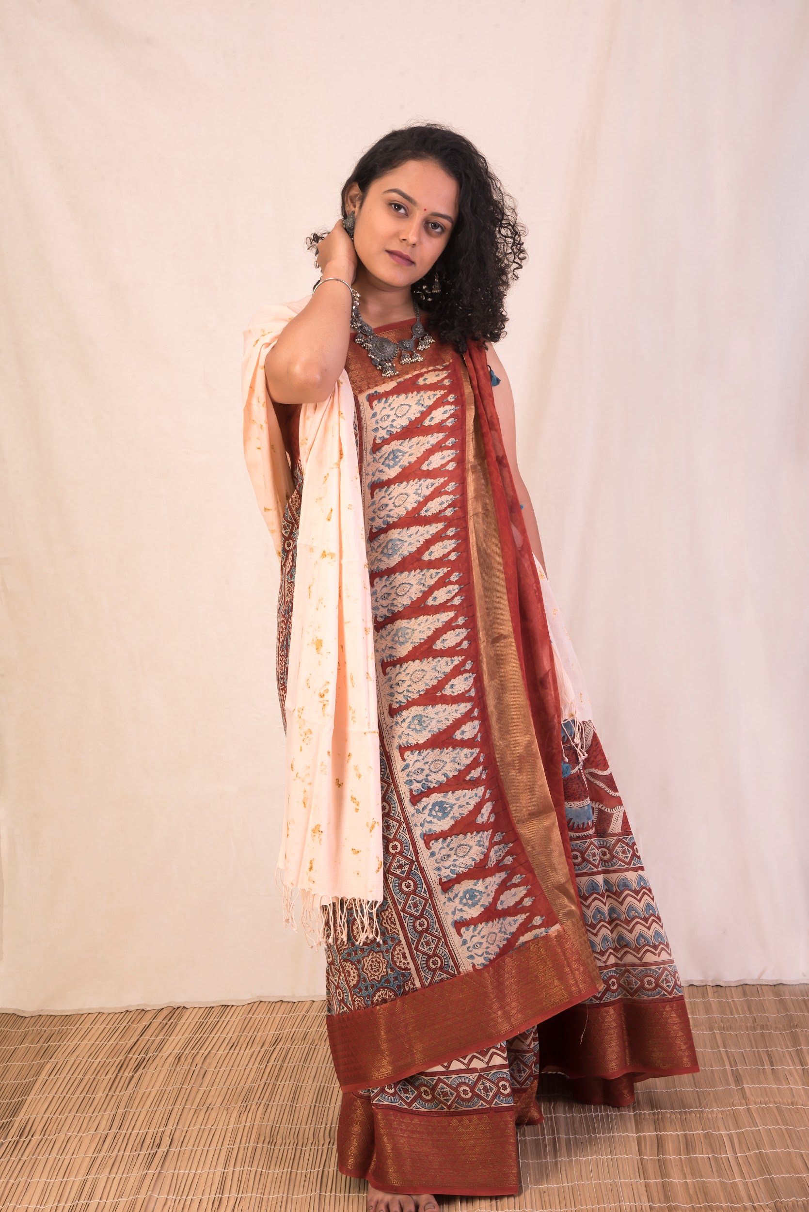 Earthly Essence, Ajrakh Hand Block Printed Chanderi Silk Saree