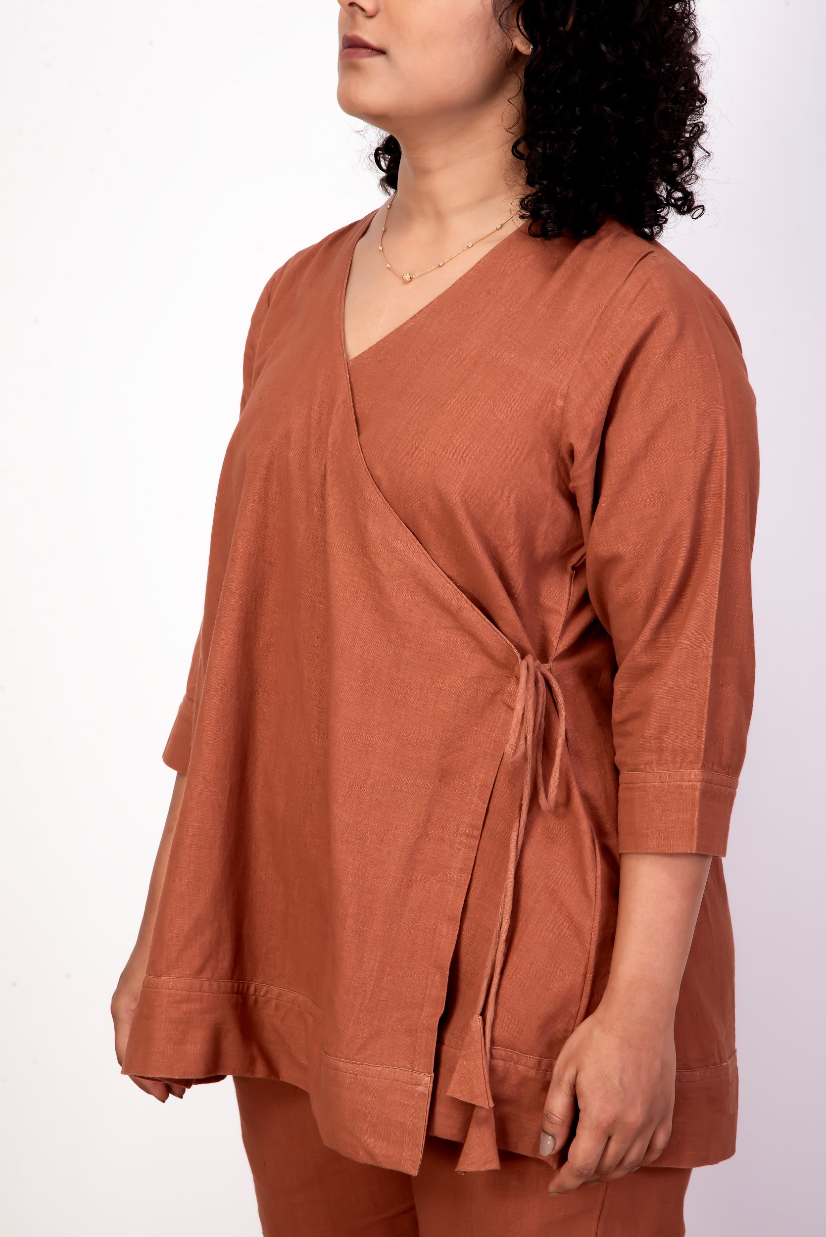 Handwoven Khadi Angarkha Kurti in Dark Pomo Orange Shade