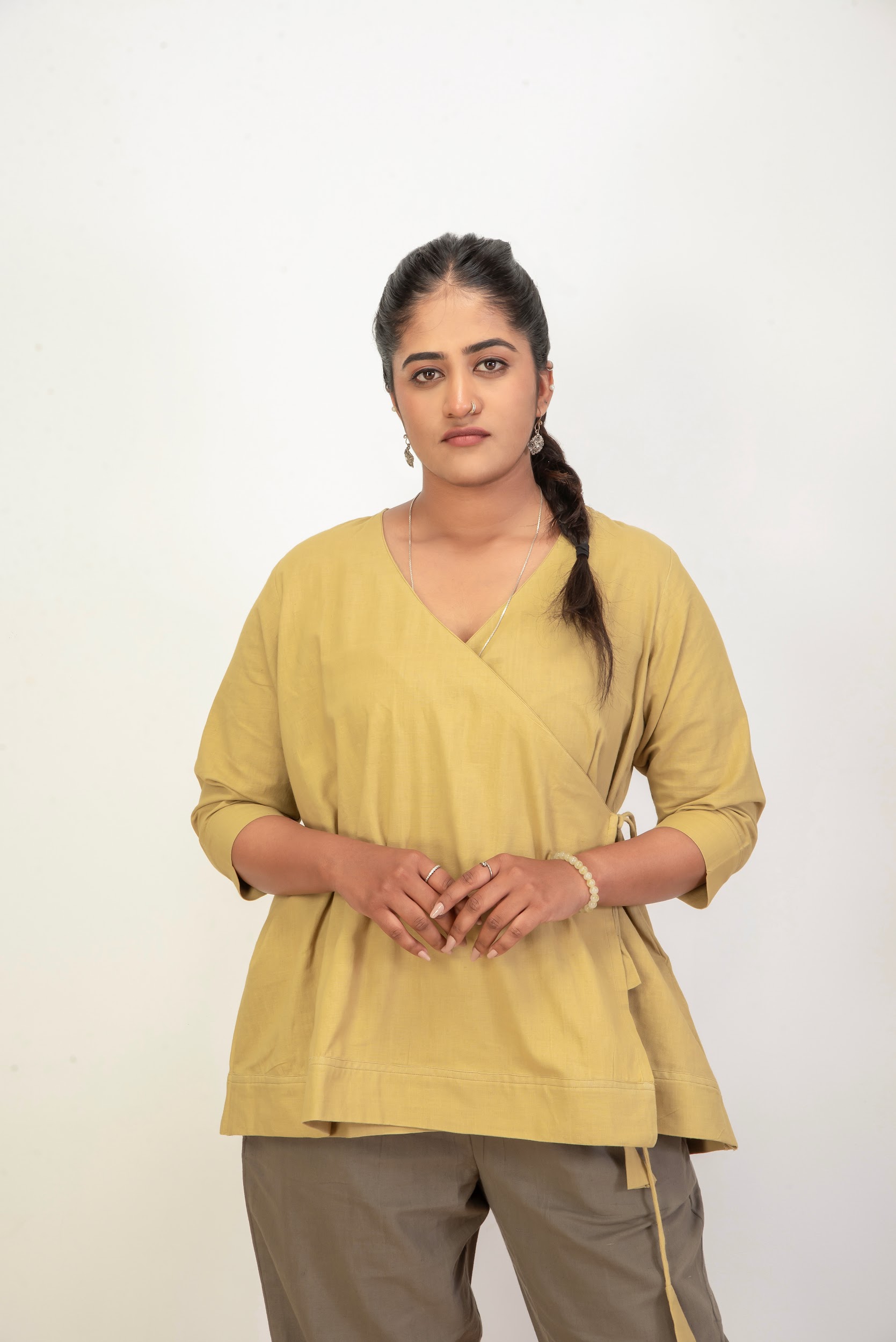 Handwoven Khadi Angarkha Kurti in Elegant Pale Celery Shade
