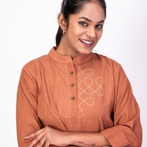 Elegant Dark Pomo Orange Mandarin Collar Handwoven Cotton Dress with Hand Embroidery