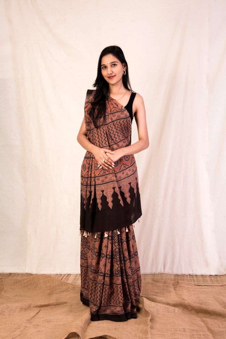 Madder Majesty, Ajrakh Hand Block Printed Malmal Saree