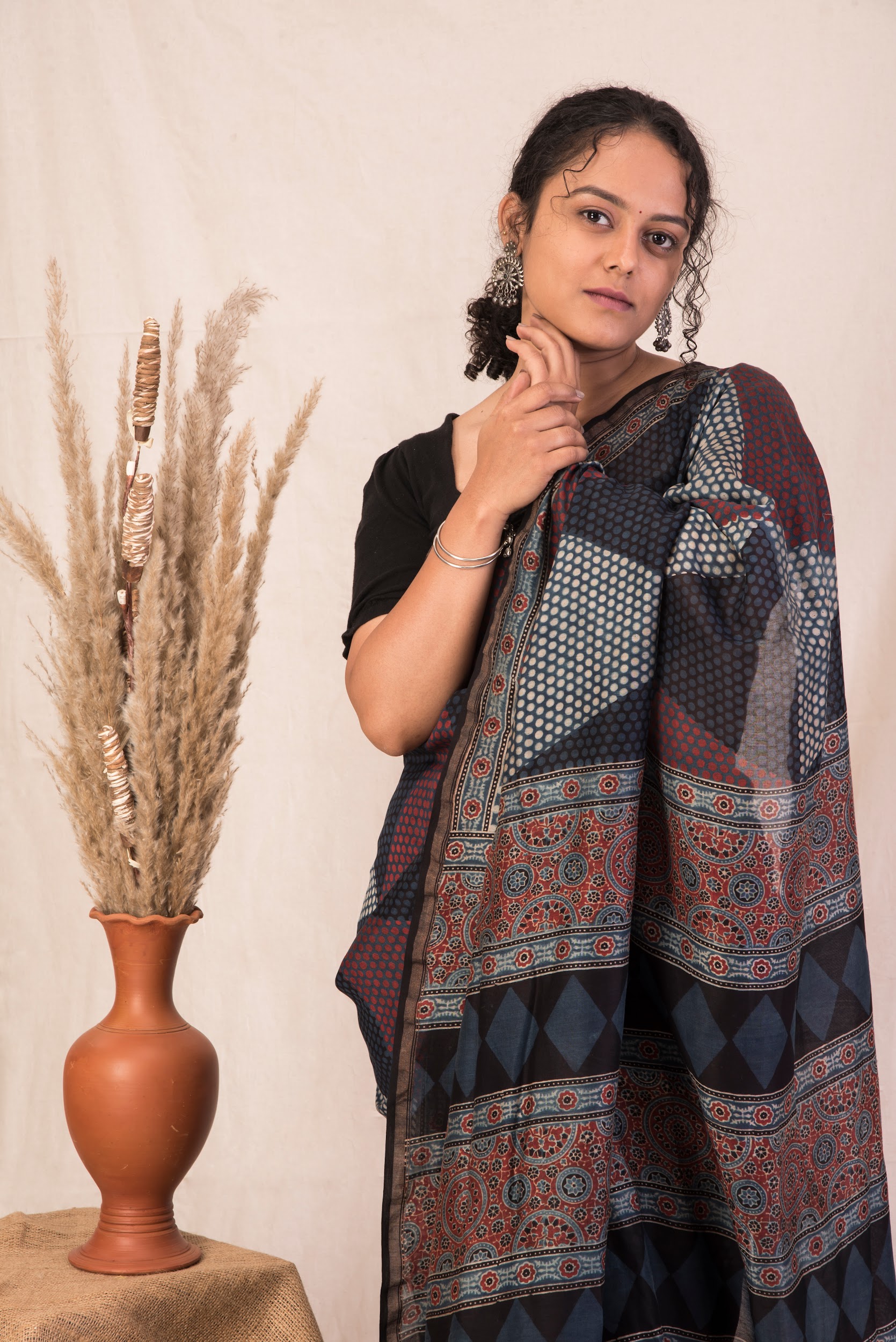 Classic Ajrakh Polka dot Hand block printed, Chanderi Saree