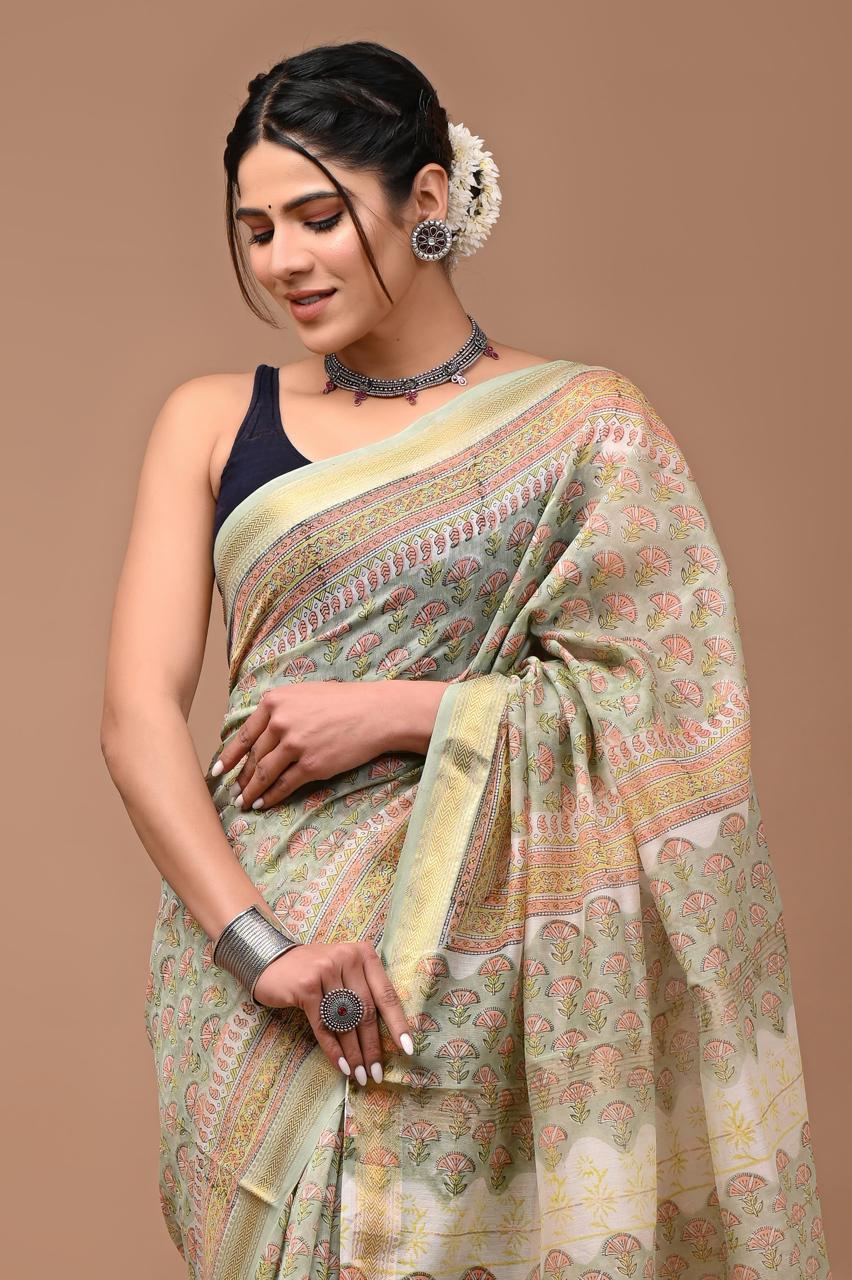 Maneshwari Silk Saree | Hand Block Printed | Pastal Green