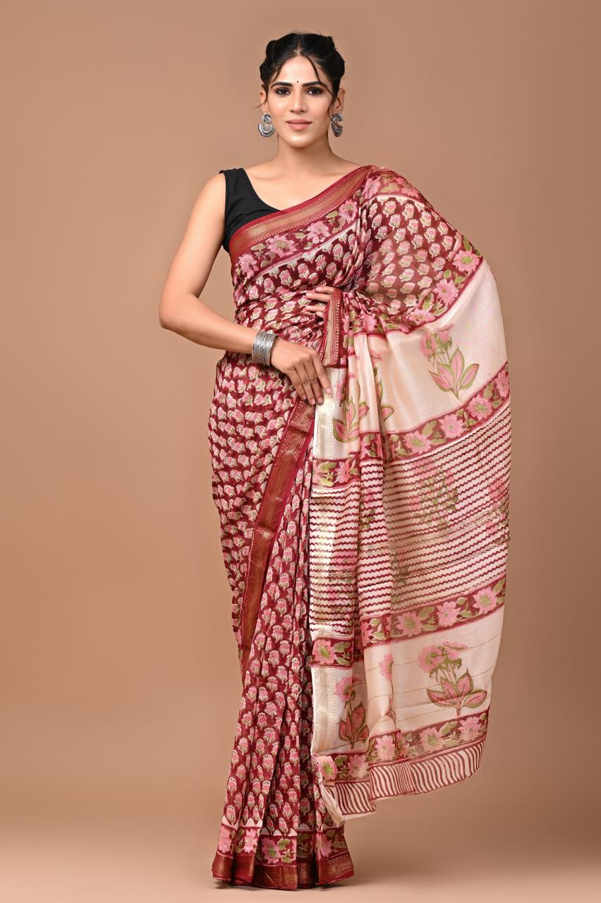 Maneshwari Silk Saree | Hand Block Printed | Maroon