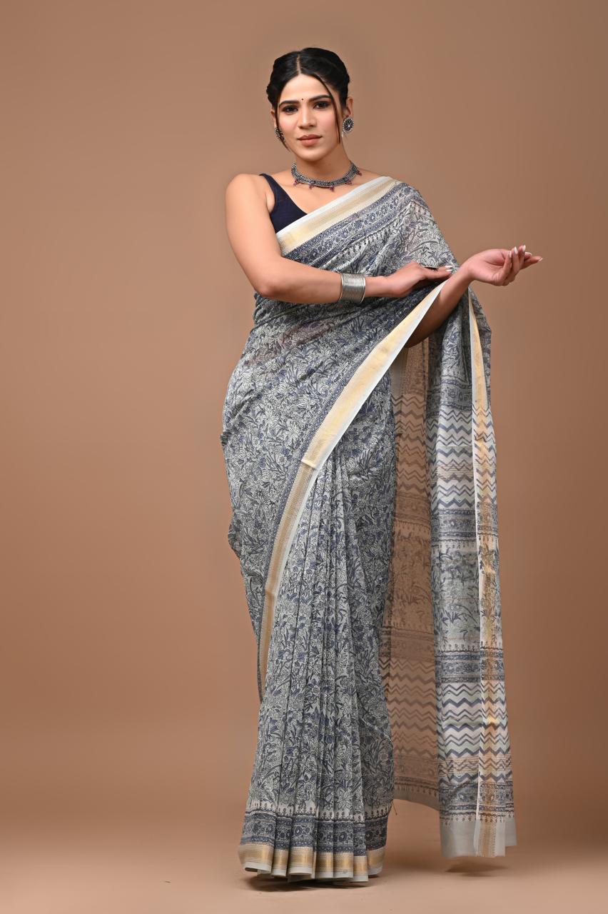 Maneshwari Silk Saree | Hand Block Printed | Teal Blue