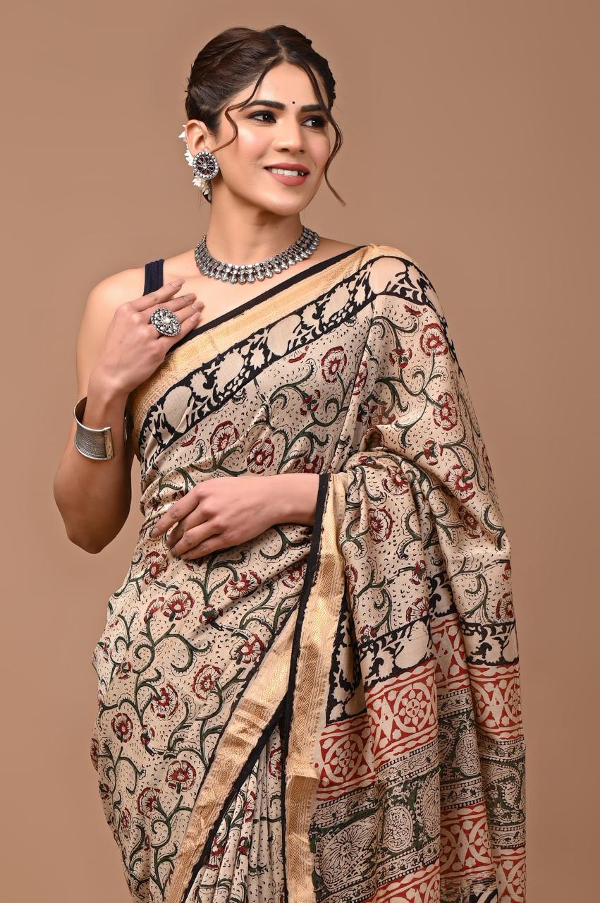 Maneshwari Silk Saree | Hand Block Printed | Off White