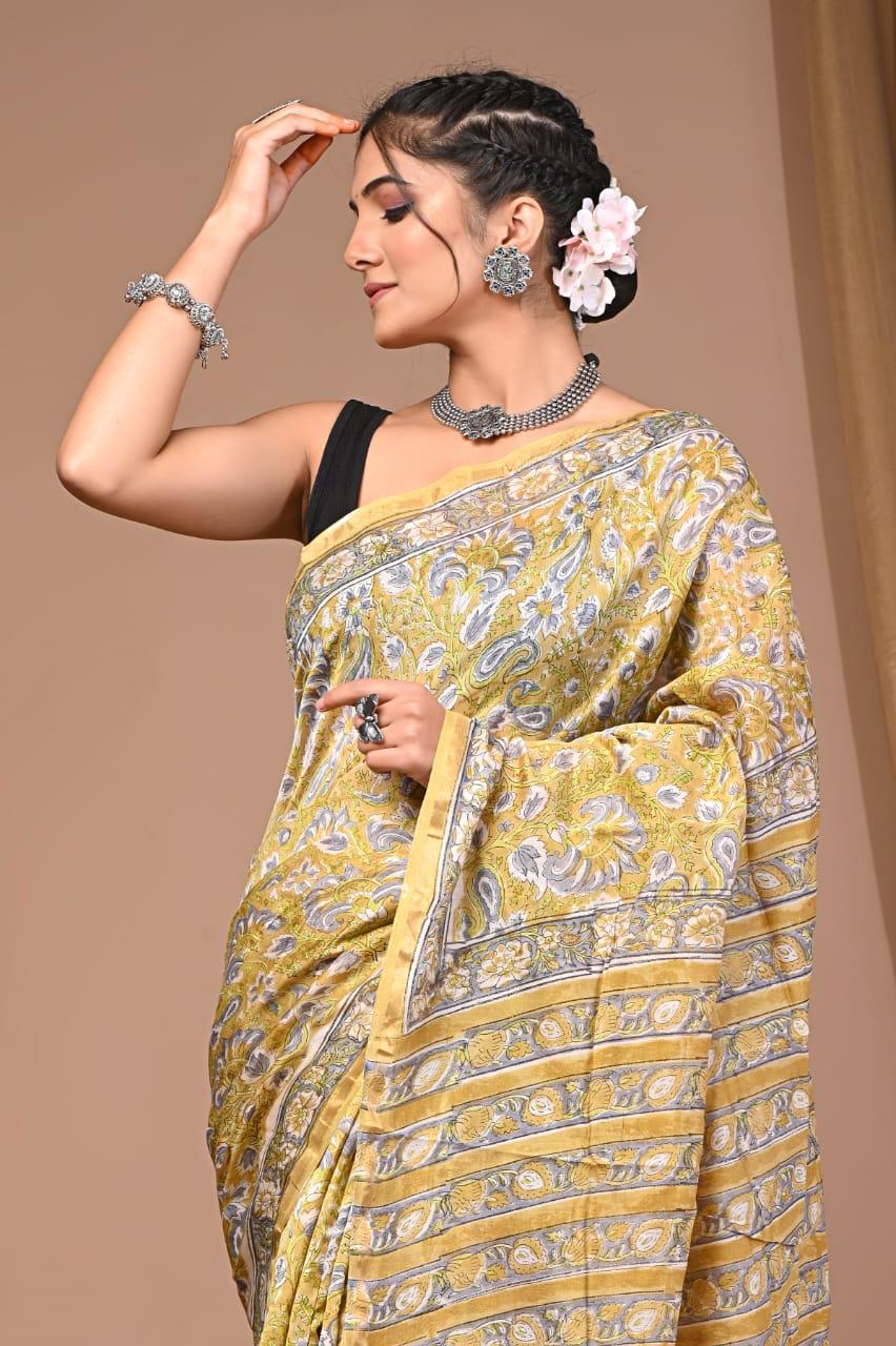 Chanderi Silk Saree | Hand Block Printed | Yellow