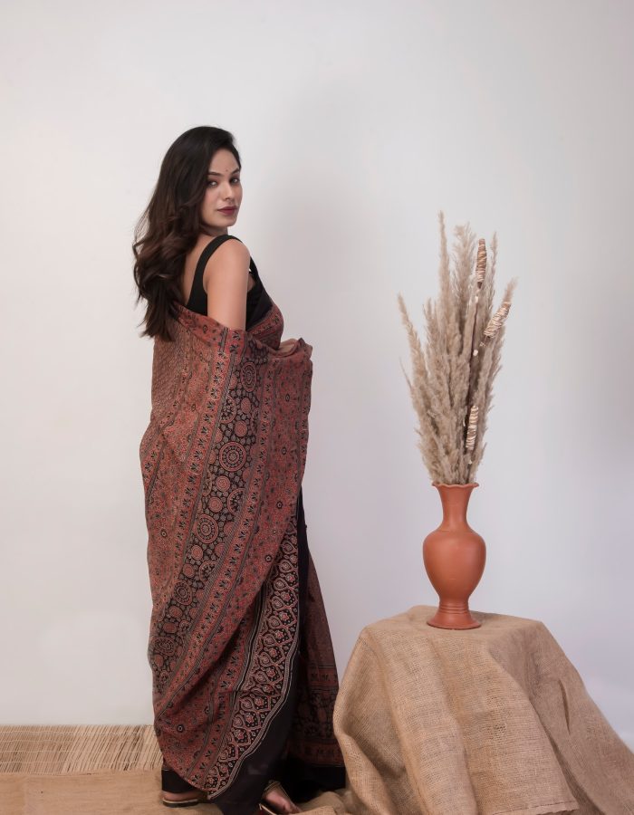 Ethereal Earth, Ajrakh Hand Block Printed Malmal Saree