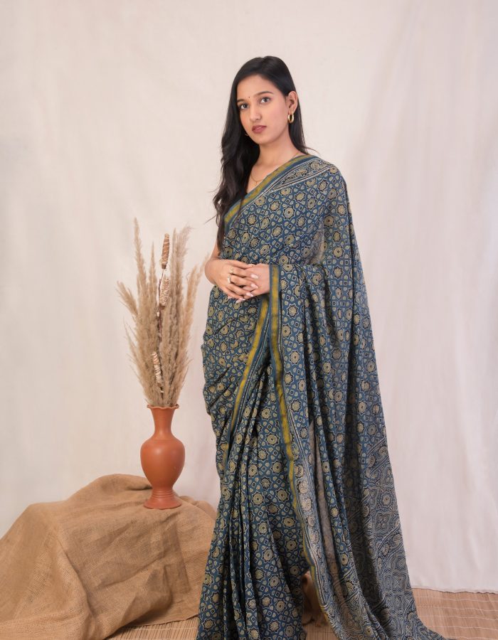 Natural Indigo Splendor, Ajrakh Hand Block Printed Malmal Saree
