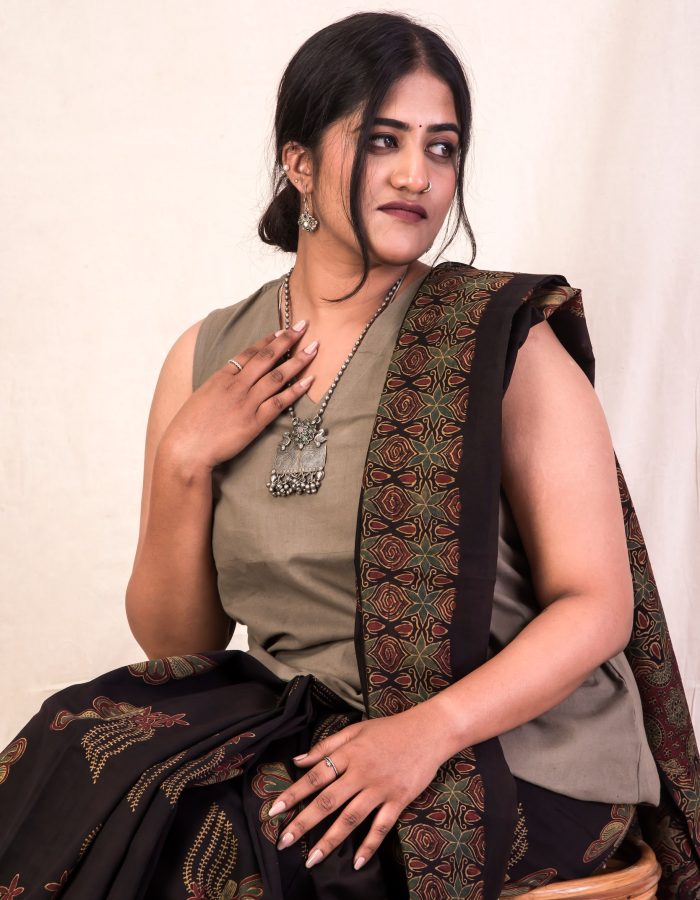 Charcoal Butterfly Charm, Ajrakh Hand Block Printed Cotton Saree