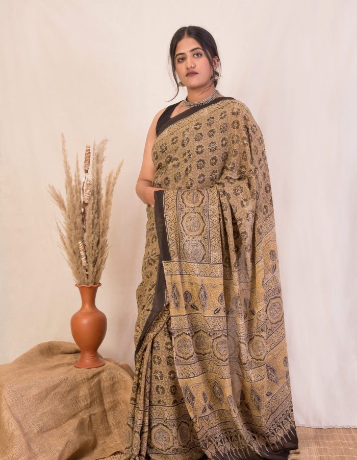 Vintage Vogue Ajrakh Hand Block Printed Mal Cotton Saree