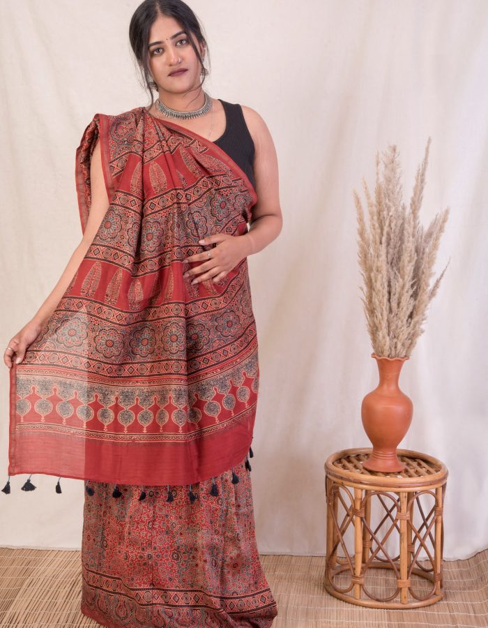 Vibrant Roots, Ajrakh Hand Block Printed Chanderi Silk Saree