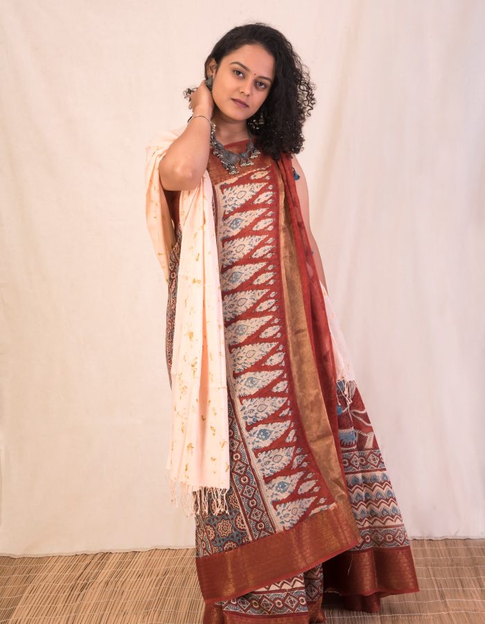Earthly Essence, Ajrakh Hand Block Printed Chanderi Silk Saree