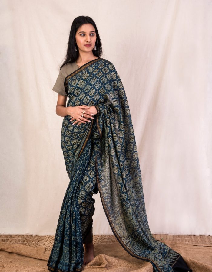 Indigo Elegance, Ajrakh Hand Block Printed Chanderi Silk Saree