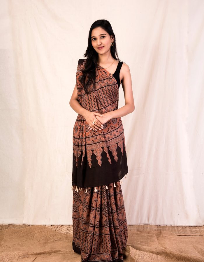 Madder Majesty, Ajrakh Hand Block Printed Malmal Saree