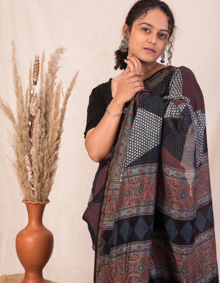Classic Ajrakh Polka dot Hand block printed, Chanderi Saree