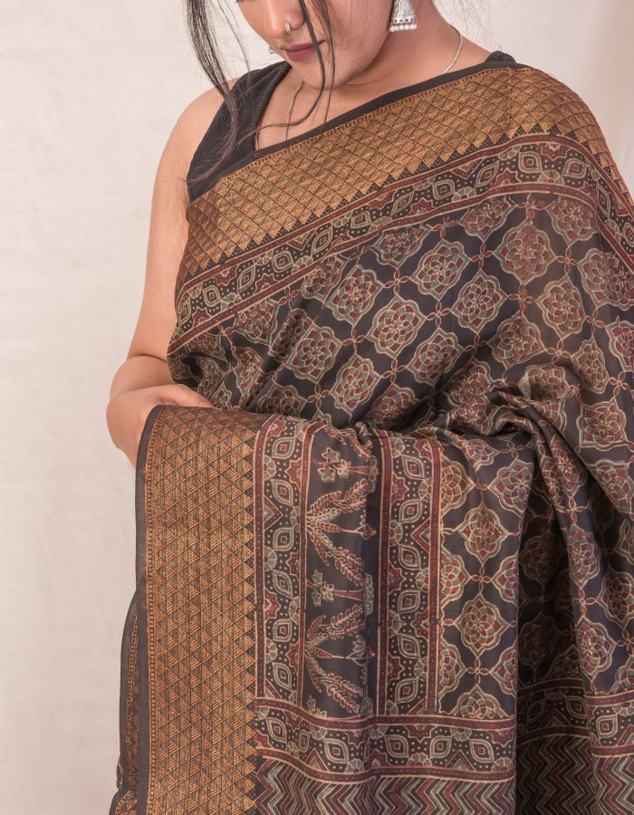 Ebony Elegance, Ajrakh Hand Block Printed Chanderi Silk Saree