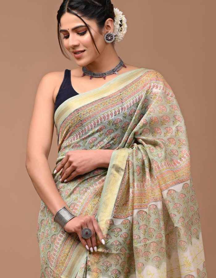 Maneshwari Silk Saree | Hand Block Printed | Pastal Green