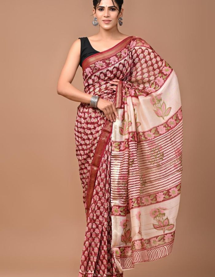 Maneshwari Silk Saree | Hand Block Printed | Maroon